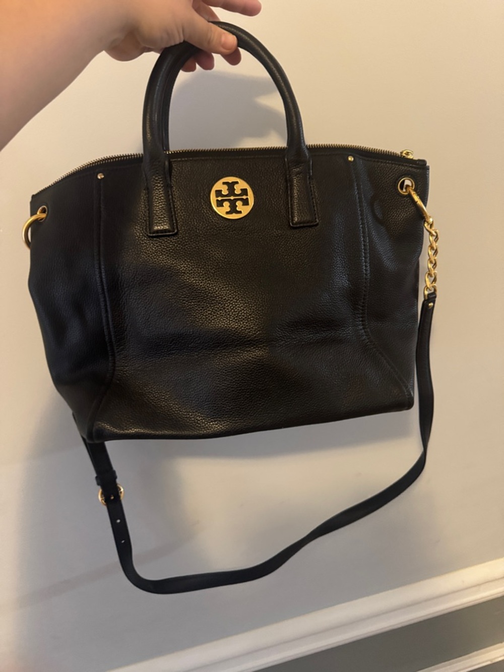 Tory Burch Black Pebbled Leather Tote with Gold Logo